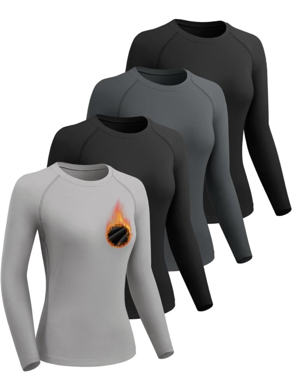 4 Pack Women's Fleece Lined Thermal Long Sleeve Tops - Compression Shirts for